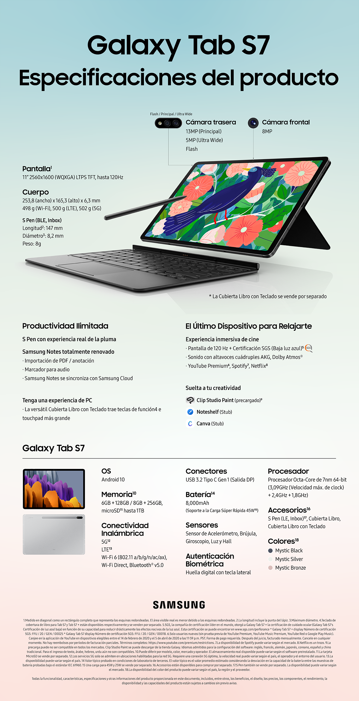 Samsung Galaxy Tab S7 y S7+: 5G y gran duración de batería (infografía)