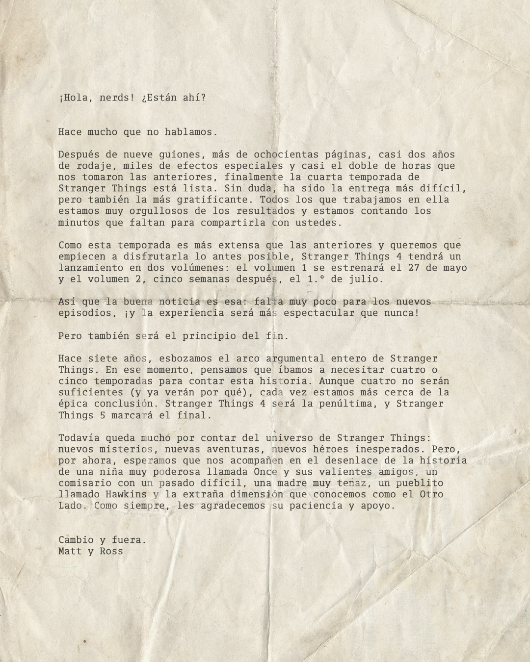Stranger Things, Temporada 4: carta de los hermanos Duffer acerca del estreno en Netflix