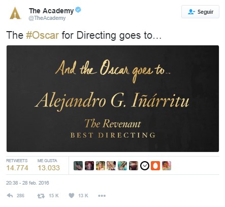 Tweet de premios Oscar en México