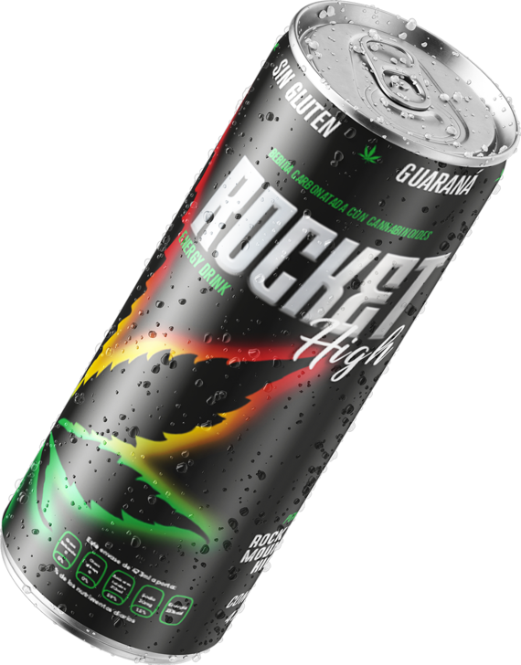 Rocket High es una bebida carbonatada con cannabinoides (CBD), fitocannabinoides, guaraná, cafeína, extractos y saborizantes naturales