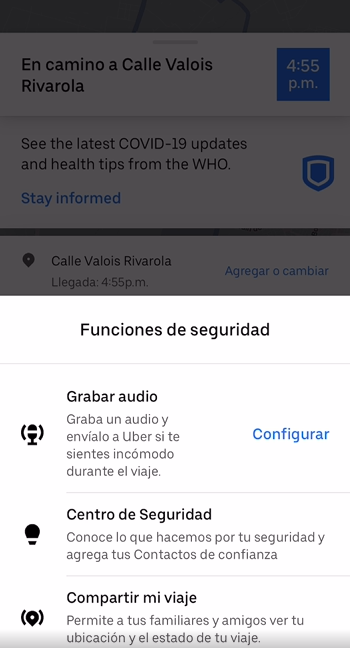 Puedes configurar la grabación de audio y compartirla con el equipo de soporte de Uber.