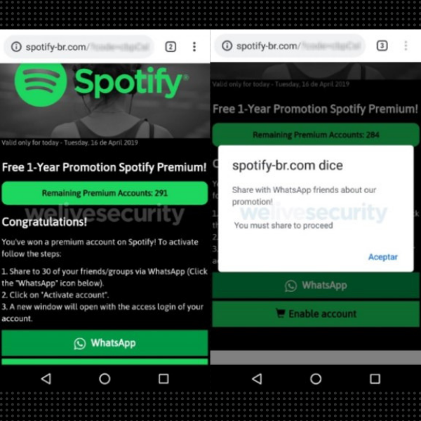 Engaño en WhastApp sobre Spotify Premium gratis